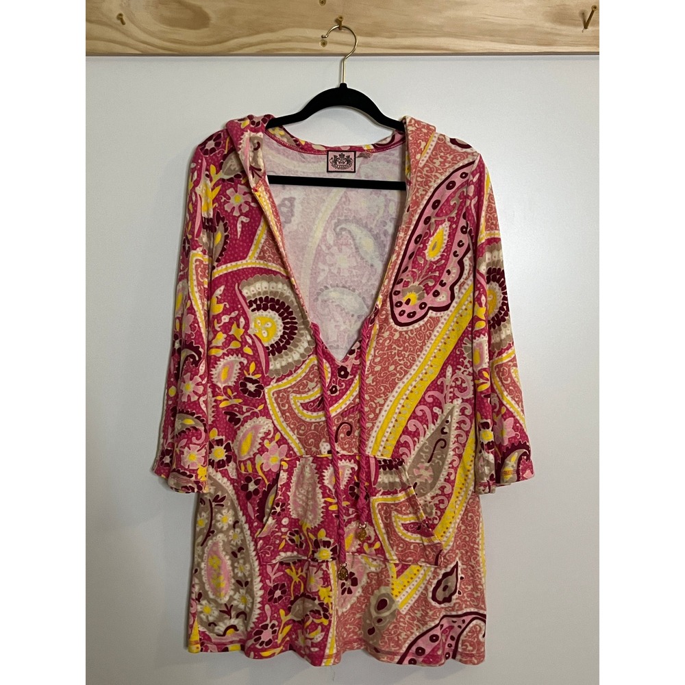 Vintage Juicy Couture Swim Coverup Terry Cloth Hooded Paisley Y2K Women Sz